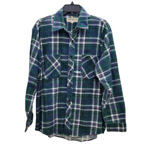 Wilderness Men's Vintage Green‎ Blue Plaid Button Up LS Flannel Shirt Size L